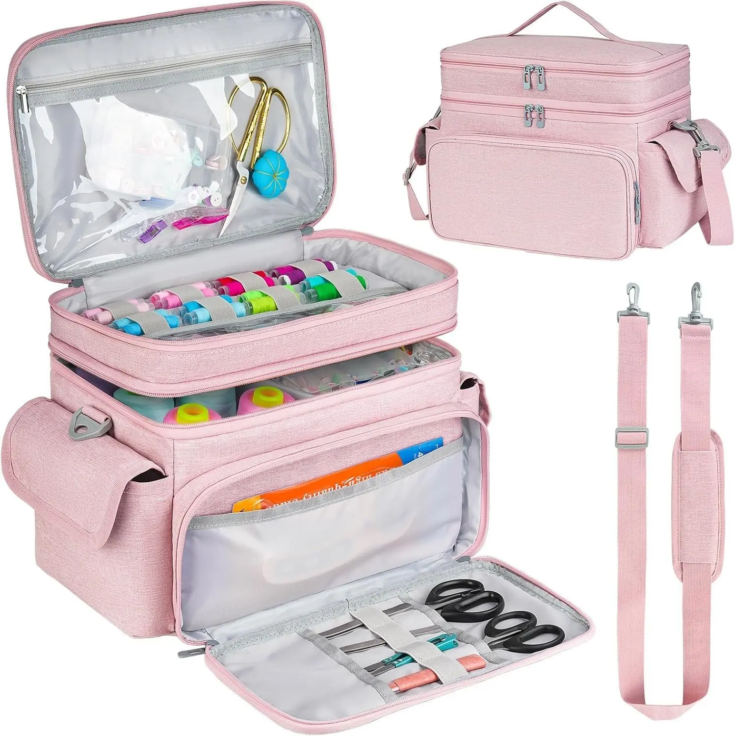 Large Double-Layer Portable Synthetic Sewing Basket Organizer Bag for Accessories & Tools (Bag Only, Ideal for Wives, Friends, Sewing Class Use), Girlfriend