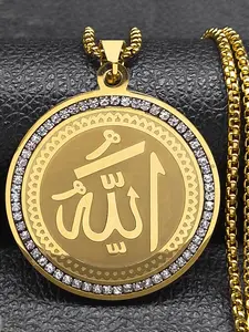 Arabic Quran Allah Medal Necklace for Women Men Rhinestone Stainless Steel Gold Color Islam Muslim Chain