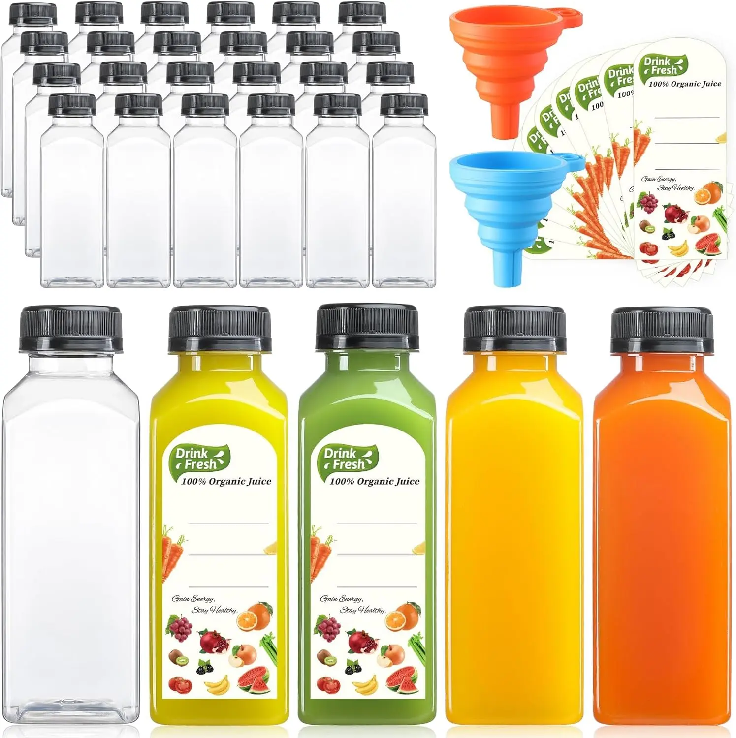 24 Pack 12oz Reusable Plastic Juice Bottles with Caps, Leakproof Clear Beverage Containers for Juice Smoothies Tea Coffee and Ginger Shots, Includes Labels and Silicone Funnels, BPA Free Travel Drink Bottles