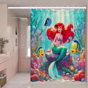 DISNEY CLASSIC Mermaid Shower Curtain, Machine Washable Polyester Fabric, Includes Hooks, Perfect for Bathroom, Camping, Office, and Holiday Decor, Mermaid Decor, waterproof