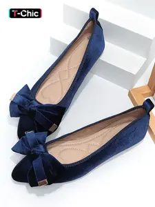 Women's Pointed Toe Wine Bow Decor Flat Shoes, Velvet Ballet Flats, Low Heel Single Shoes, Fashionable Casual Footwear, Office Shoes