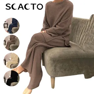 Scacto Women's Ribbed Knit Loungewear Set - 2 Piece Outfit, Soft Comfortable Knit Clothing for Casual Daily Wear & Lounge, Oversized Long Sleeve Top + Wide Leg Pants, Autumn Season