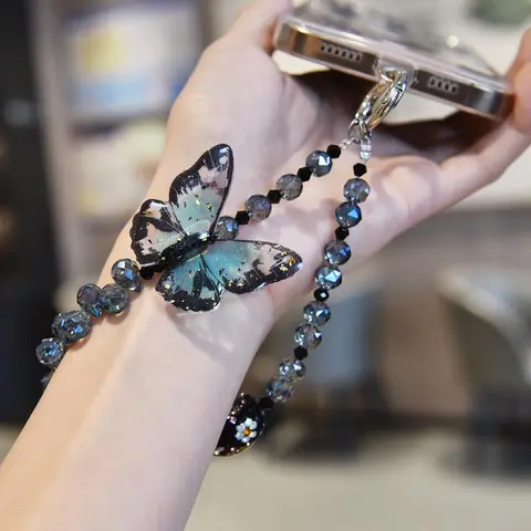 Butterfly Design Beaded Phone Chain, DIY Premium Smudge Bow Beaded Crystal Lanyard, Phone Wrist Lanyard, Earphone Case Key Camera Ornament, Charms
