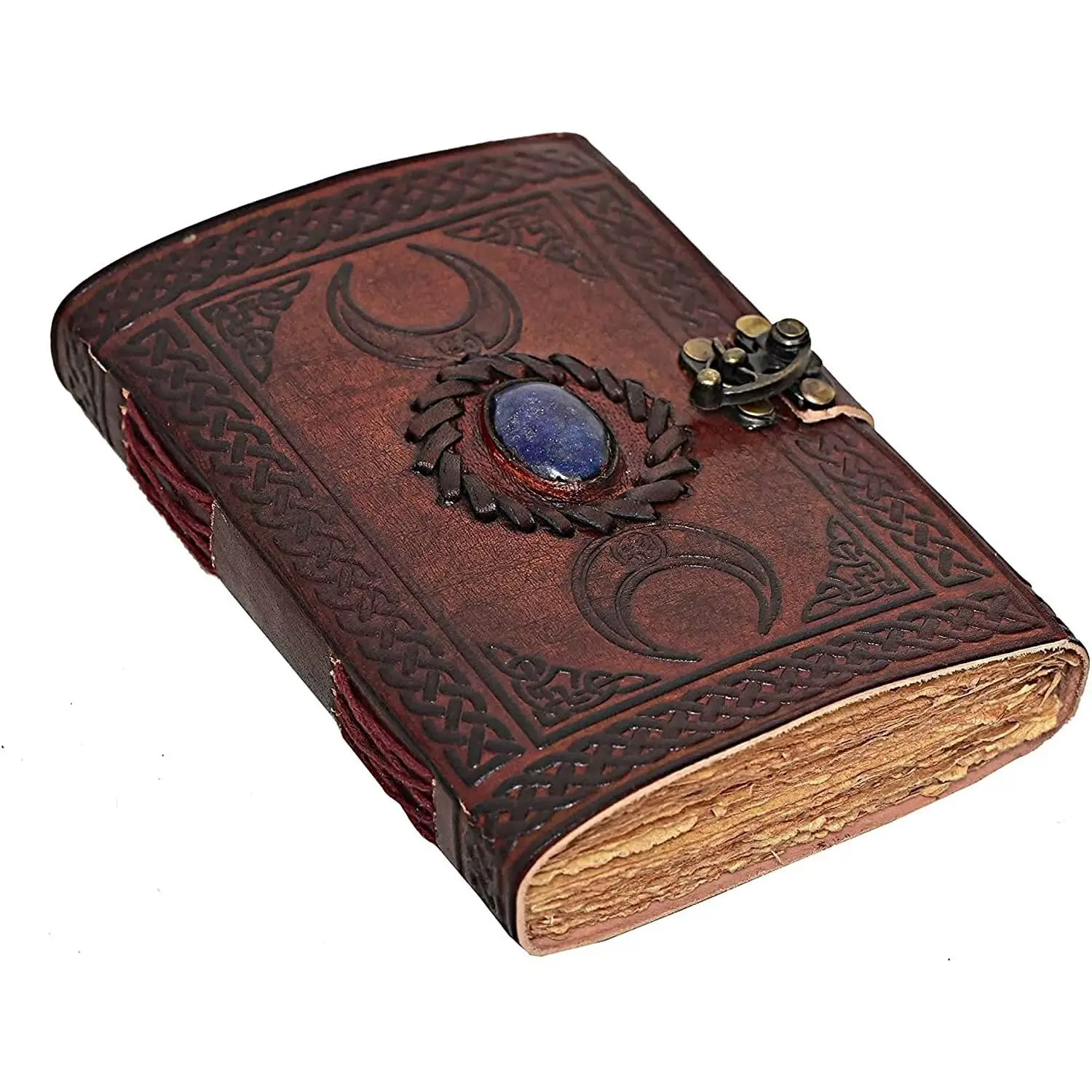 3 Moon Blue Lapiz Embossed  Leather Journal | 240 Pages of Antique Handmade Deckle Edge  Paper, Leather Sketchbook, Drawing Journal,   (6 inch by 8 inch, brown)