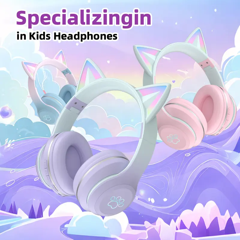 Byeeel Wireless Bluetooth Over-ear Headphones Cat Ear Design with Built-in Microphone LED Light Foldable Stereo for Mobile Phone Tablet Laptop