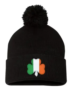 Irish Flag Shamrock St. Patricks Day Ireland Embroidered Knit Beanie Pom Cap
