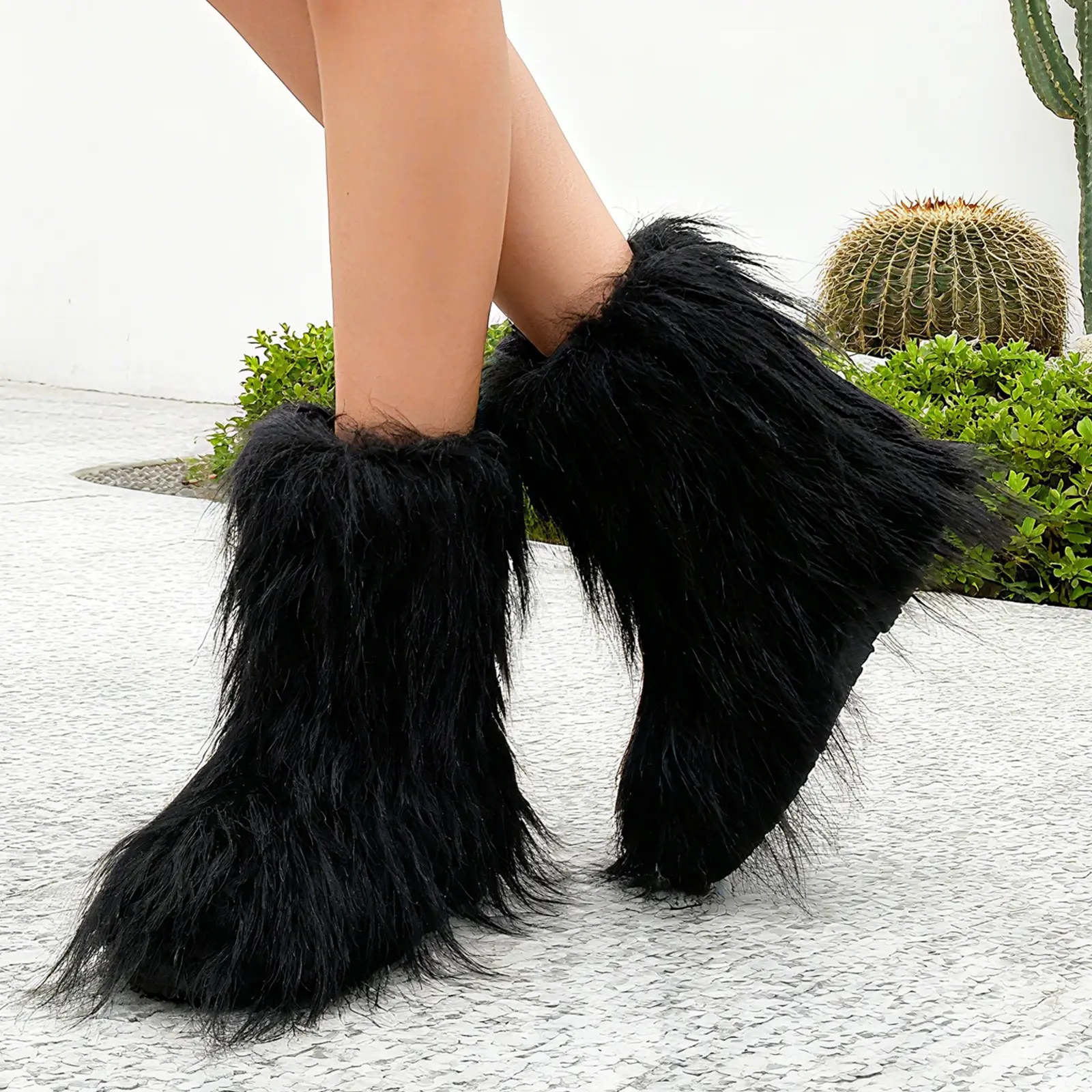 Women's Chic Faux Fur Short Boots - Soft Suede Fabric, Round Toe, Flat Slip-On Shoes, Winter Warm Basic PVC Footwear for Indoor-Outdoor Walking (None Closure), Shoe