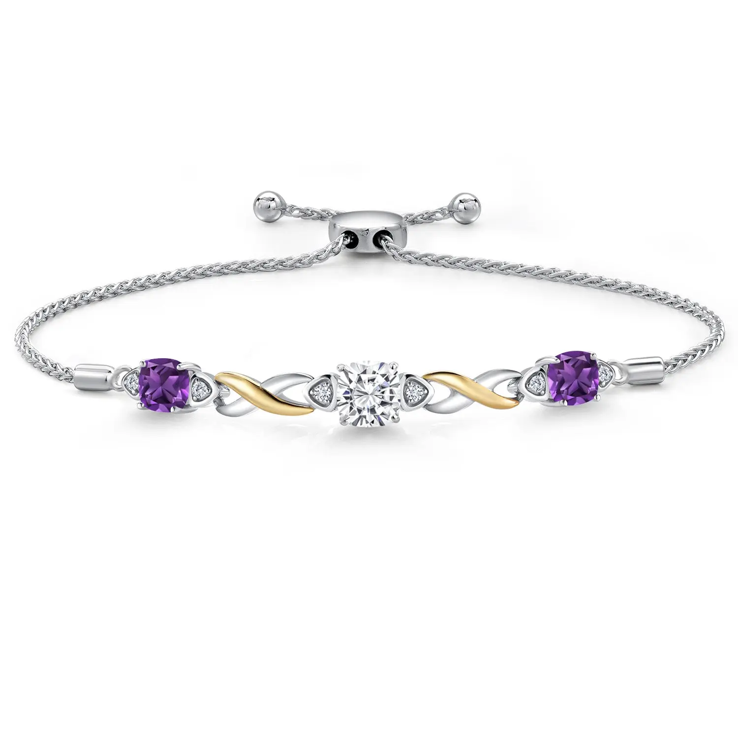 925 Silver & 10K Yellow Gold Moissanite and Gemstone Birthstone Infinity Bracelet for Women with Lab Grown Diamond Accents | Asscher Cut 6MM | Cushion 5MM | Adjustable Bolo Bracelet | Easy-On Easy-Off