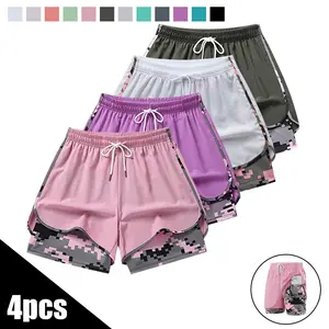 4PCS Women’s Summer Camouflage Shorts, 5-inch length, double-layer synthetic two-piece design, quick-drying and breathable—base layer, side mesh pockets for easy wear