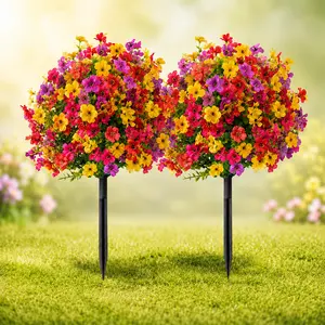 2-Pack UV-Resistant Artificial Flower Balls with Stakes, Leisure & Outdoor Recreation Equipment for Outdoor Garden, Pathway Decor