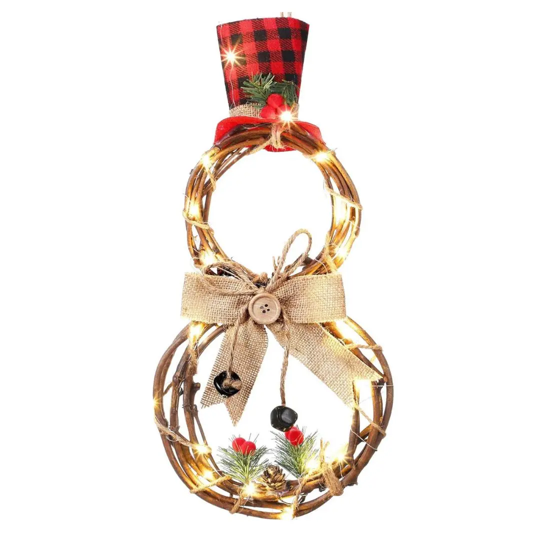 Lighted Wreath Decoration Snowman Wreath Christmas Large Grapevine Wreath with Hat and Bow Xmas Wall Hanging Ornament for Front Door Home Garden..