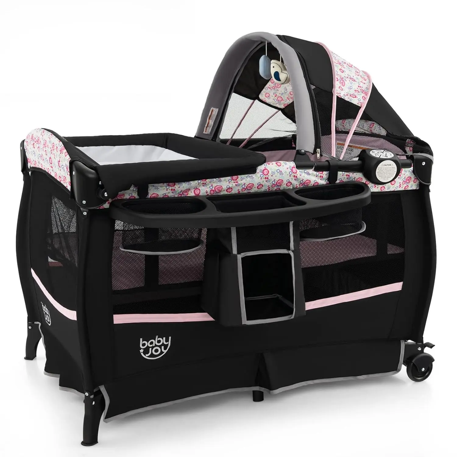 4 in 1 Pack and Play, Portable Baby Playard with Bassinet & Flip-Away Changing Table, Canopy, Portable Bedside Crib w/Storage Basket, Infant Bassinet from Newborn to Toddlers Gift Season BlackFriday Friends Giving