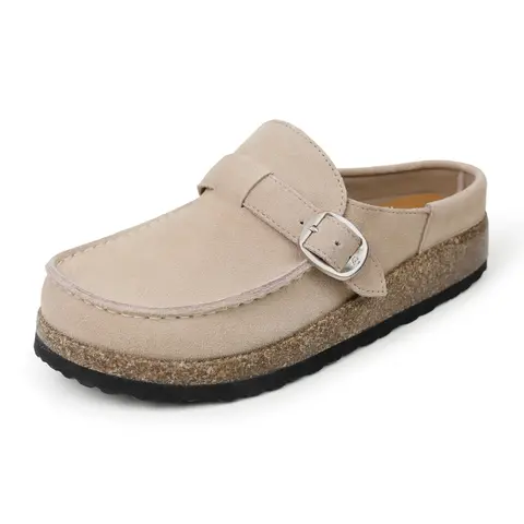 EVELLYHOOTD Women's Genuine Cowhide Leopard Print Cork Footbed Flat Mules - Minimalist Slip-On Clogs with Adjustable Strap Buckle, Lightweight Footwear for Customized Fit, Gifts for Women,outdoorfun