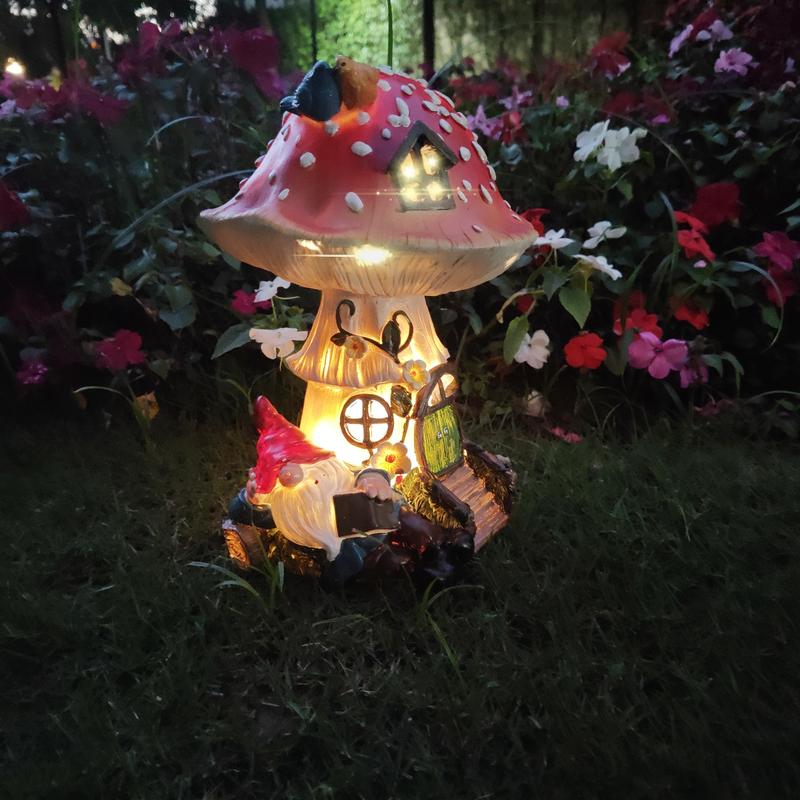 11 Inch Solar Mushroom Fairy House Resion Outdoor Statue Lamp Light Gnome Theme Garden Decor Seasonal Gardening Art for Housewarming Gifts Spring Outdoor Decoration for Patio Garden Balcony