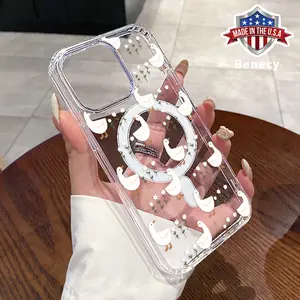 Magnetic Soft Case for iPhone 15 16 14 Pro Max 13 12 11 XR XS Plus E Non-Yellowing Drop Protection Transparent Acrylic Large Hole White Goose Pattern Shockproof Silicone Cover Supports Wireless Charging