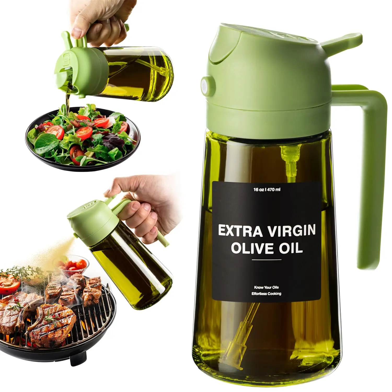 16oz Glass Oil Spray Bottle, 2-In-1 Kitchen Cooking Oil Dispenser, Olive Oil Sprayer, 470ML Aroma Mist Spray & Pour Design for Home Use, Cooking Oil C