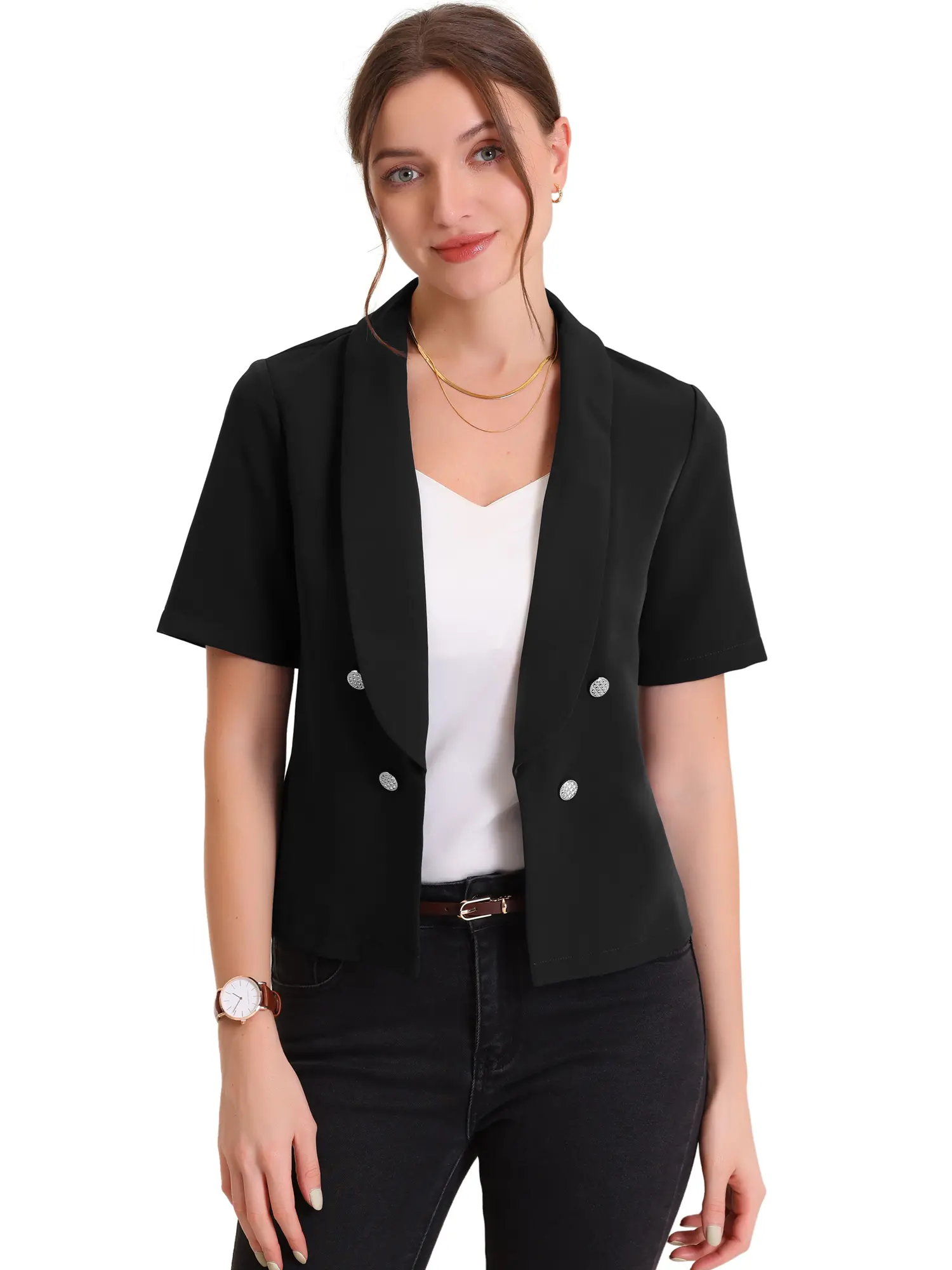 INSPIRE CHIC Casual Shawl Collar Open Front Cardigan Short Sleeve Work Office Suit Blazer