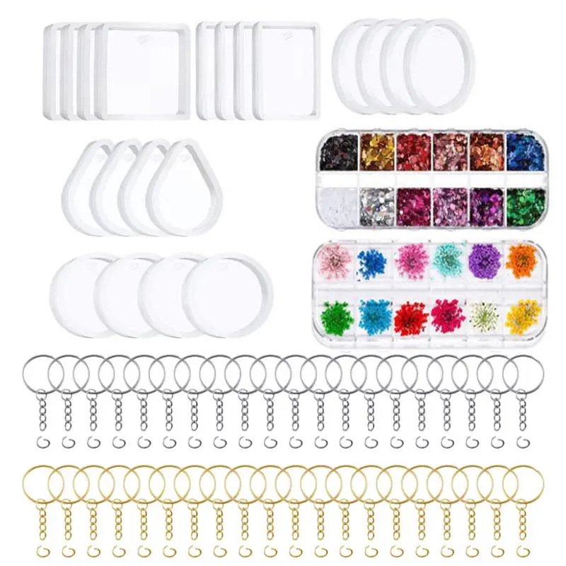Epoxy Resin Keychain Making Kit (1 Set) - Reusable Silicone Mold, 1 Box of Dried Flowers, Circular Glitter, 40 Pieces Key Rings, Crystals, 1.18x0.79x0.3 Inch Water Drop/Rectangle Shapes for Handmade Art Projects