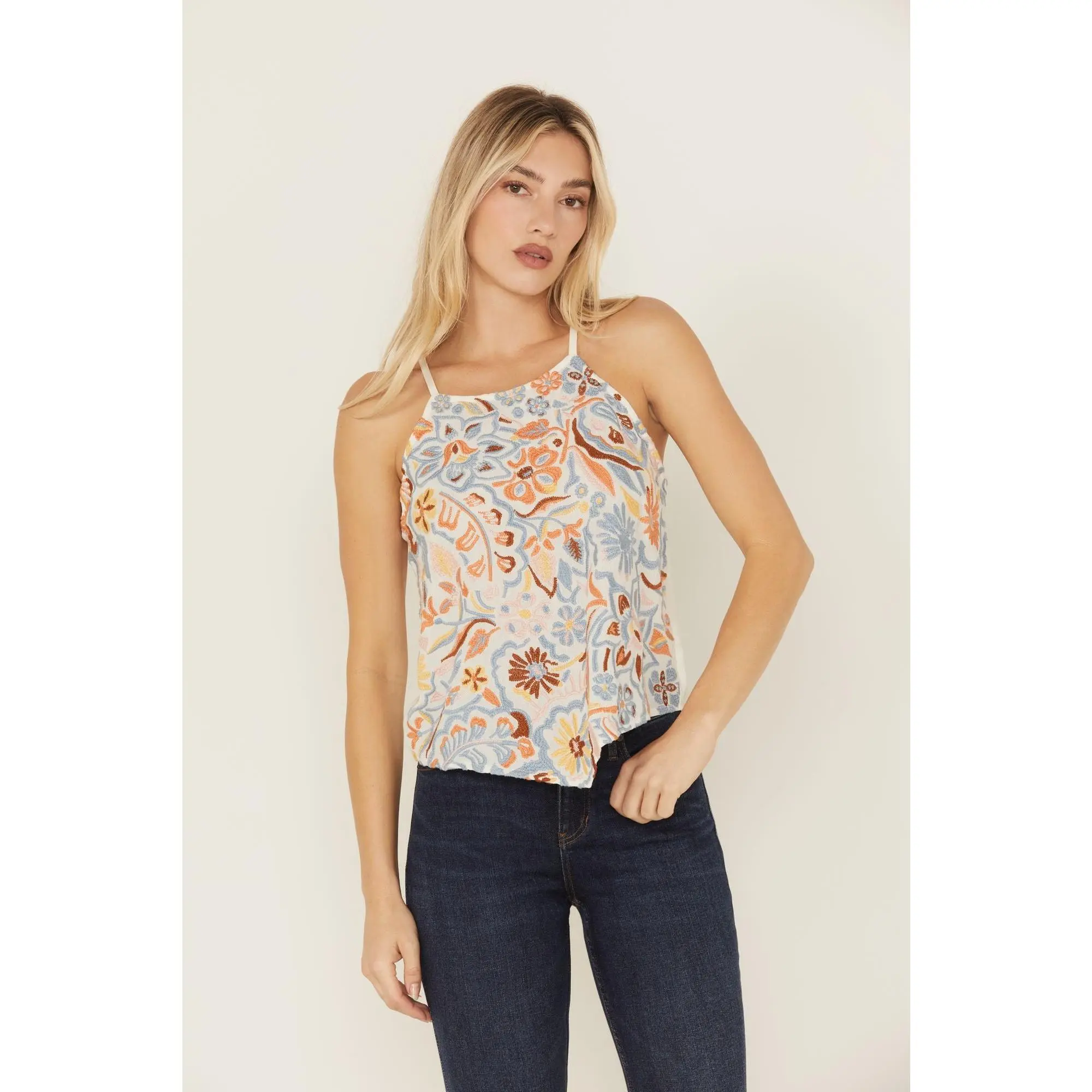 Floral Haze Embroidered Crinkle Tank Top