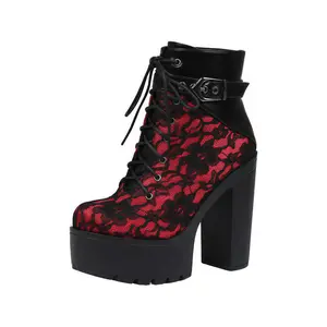 Women's Leather Boots Lace Splicing Platform Chunky Heels Classic Round Toe Gothic Boots Lace Up Back Zipper High Heel Boots