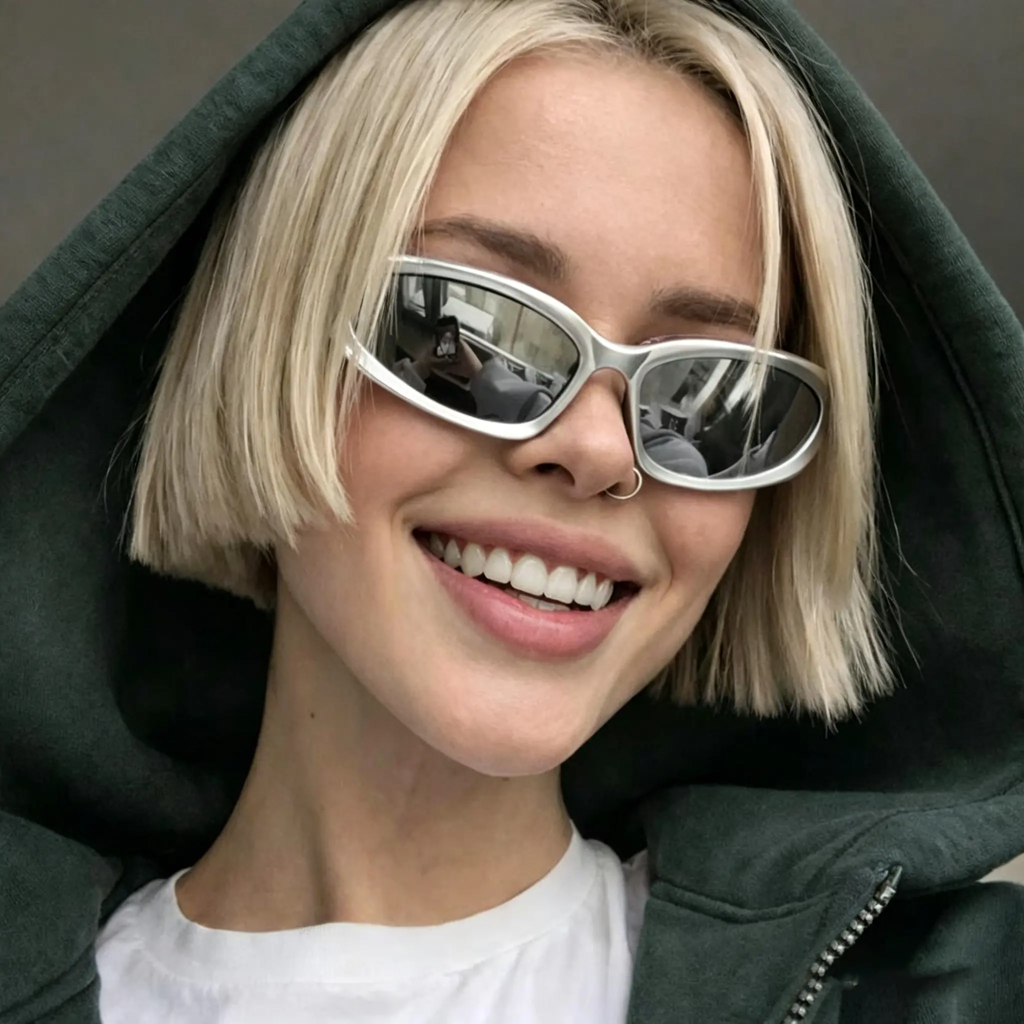Futuristic Silver Y2K Sunglasses, Trendy Cyberpunk Wrap Around Eyewear for Man and Woman, Aesthetic Sporty Chic Shades glass