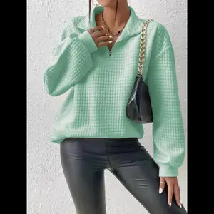 Women's Plain Textured Drop Shoulder Mock Neck Sweatshirt, Casual Long Sleeve Zipper Pullover For Fall & Winter, Ladies Clothes For Daily Wear