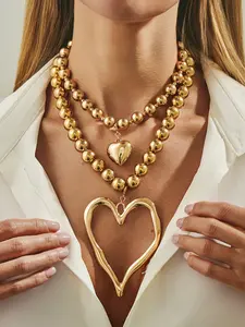 Boho Heart Cutout Ccb Beaded Pendant Necklace Set, Love Heart Necklace, Fashionable Jewelry for Women, Perfect Gift for Daily Wear and Parties