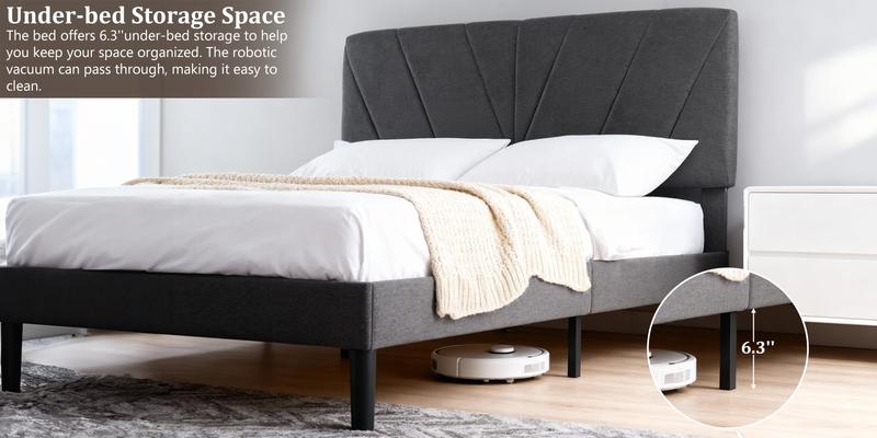 Bed Frame with Adjustable Headboard, Heavy Duty Platform & Reinforced Slats - No Box Spring, Grey