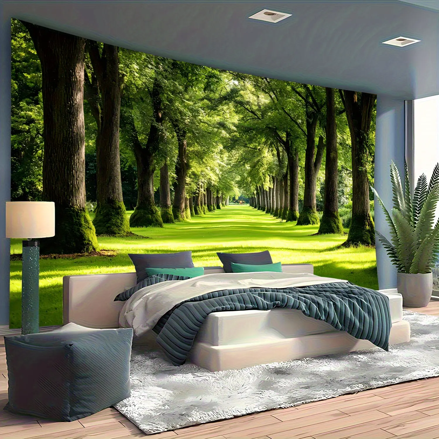Realistic Tree Landscape Tapestry Wall Mural - Vibrant Nature Print, Sunlit Pathway Art, Polyester Fabric with Easy Mount Accessories, Home & Business Room Decor Backdrop Banner for Bedroom, Living Room