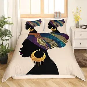African Woman Comforter Cover Set Ethnic Afro Duvet Cover Traditional Exotic Style Bedding Set Indian Tribal Bedspread Cover Bedroom Decor Bedcloths Black Beige