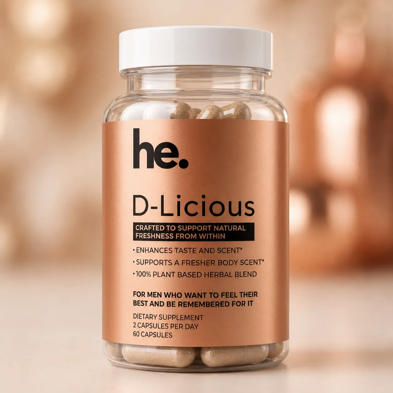 He. D-Licious – Plant-Based Freshness Capsules for Men, Vegan, Non-GMO, 60 Count