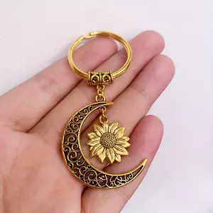 Golden Sunflower Crescent Moon Keychain Vintage Hollow Out Key Chain Ring Keychain For Bags Bag Backpack Charm Car Key Pendant Friends Ramadan Gift