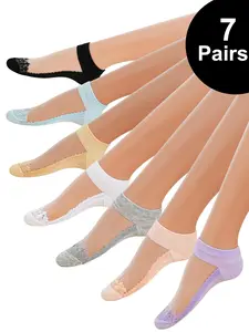 Women's Solid Color Contrast Mesh Low Cut Socks, Casual Comfy Breathable Fabric Socks for Daily Wear, Women's Socks for Summer
