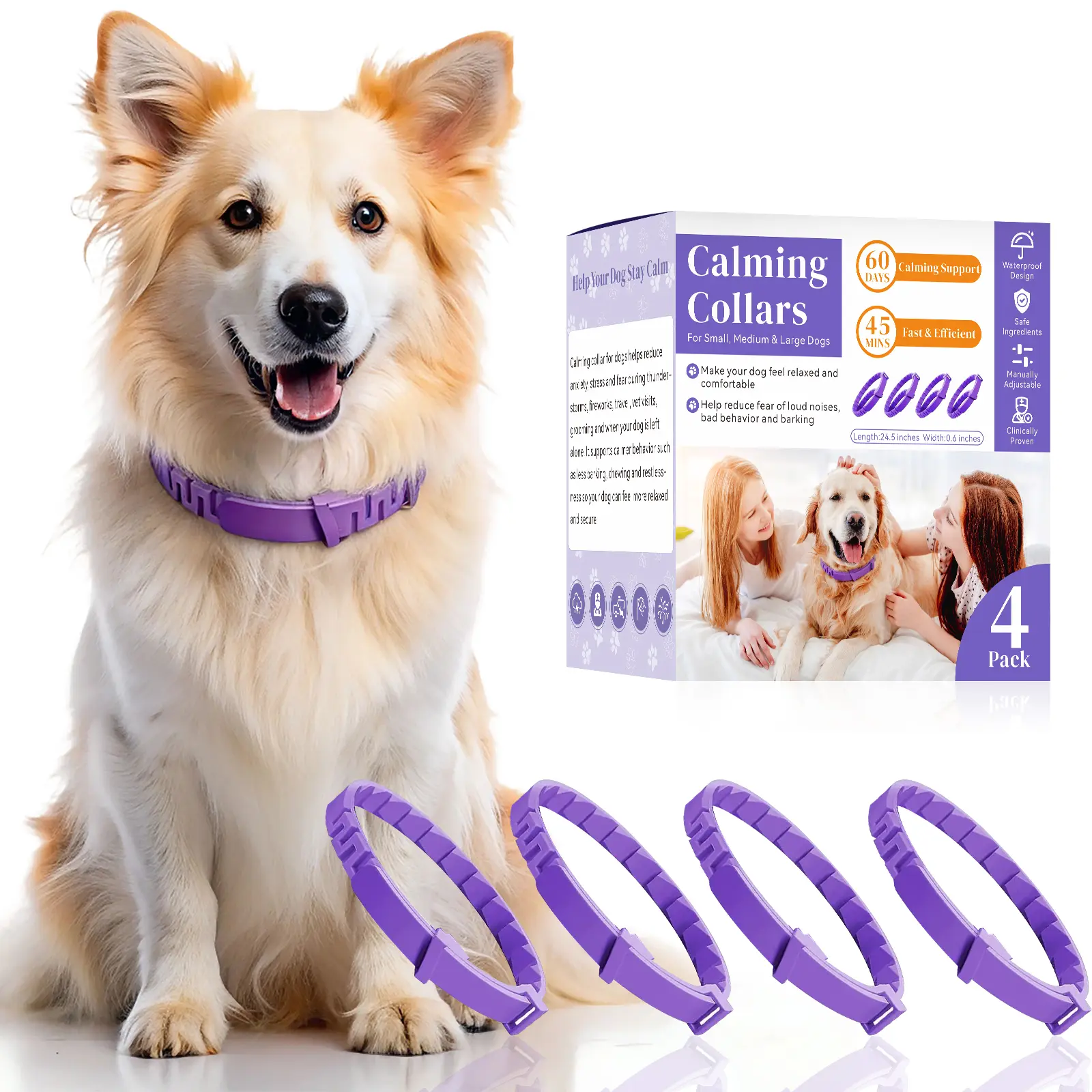 Calming Collar for Dogs 4 Pack - Up to 240 Days Total, 60 Days Each Pheromone Dog Collar for Anxiety and Stress Support - Adjustable Dog Calming Collar for Small Medium Large Dogs, Purple