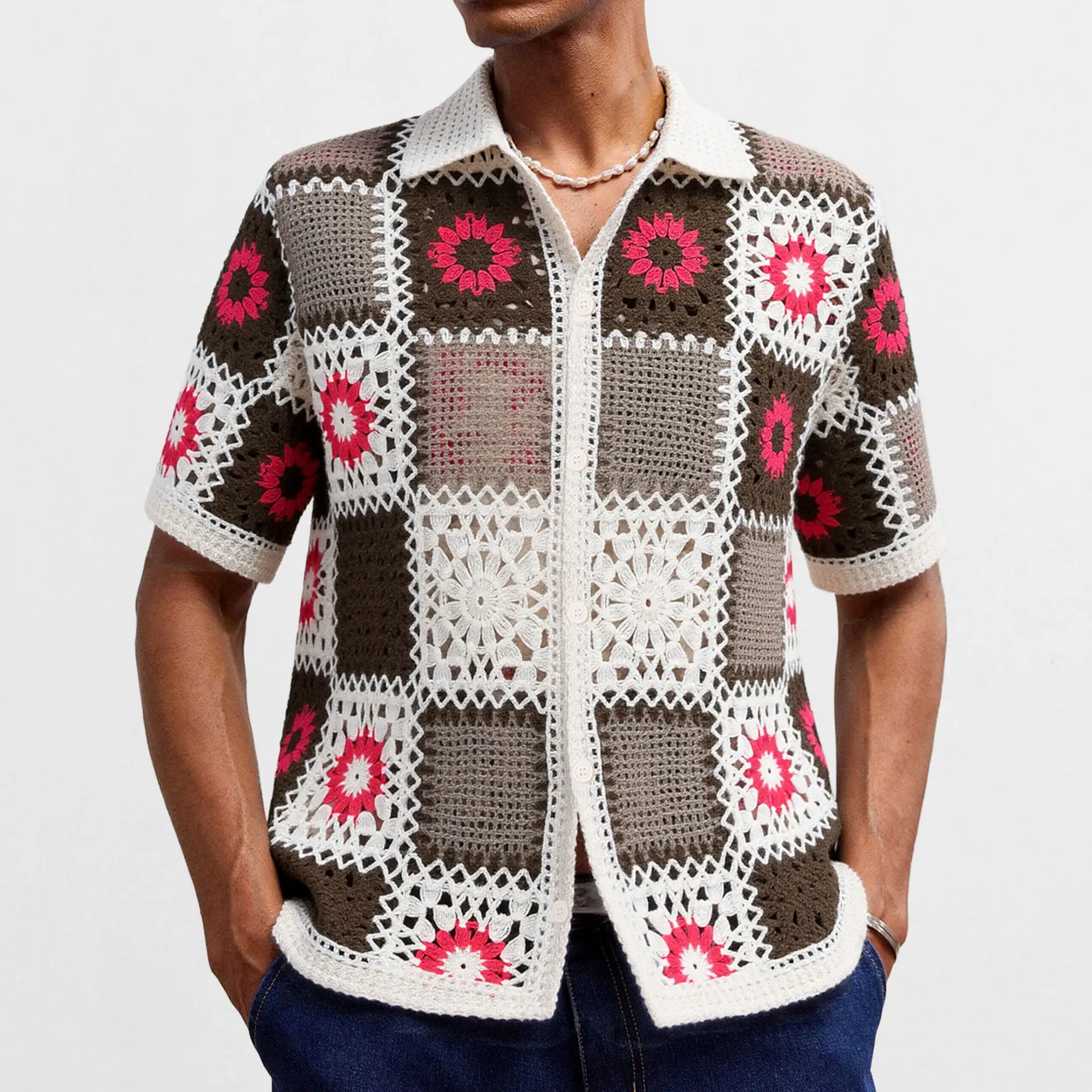 KZZ Men's Polo Shirt, Retro Ethnic Jacquard Knit Top with Crochet Lace-Up, Casual Short-Sleeve Menswear