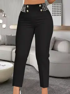 Women's Houndstooth Print Button Front High Waist Skinny Pants, Casual Comfy Trousers for Daily Wear, Ladies Bottoms for All Seasons