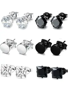 4-6 Pairs Stainless Steel Stud Earrings for Men Women CZ Round Earrings Black 3-10 Mm Elegant Minimalist Earrings