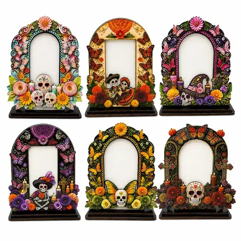 Mexican Day of Dead Wooden Photo Frame - Compact Tabletop Altar Decor with Skulls & Blooms, Multiple Styles for Indoor Recreation