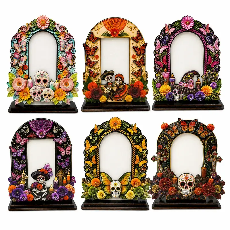 Mexican Theme Wooden Photo Frame - Compact Tabletop Altar Decor with Skulls, Blooms, Multiple Styles for Indoor Recreation Wood Frame