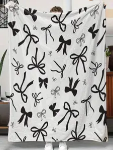 A high-quality blanket-1pc Black Bowknot Pattern Flannel Blanket- Soft and Suitable for All Seasons, Sofa, Bed, Office Travel Shawl, White and Black Design Modern Home Decoration, Warm Gift, Camping or Gift, Sofa Throw Blanket, Comfortable