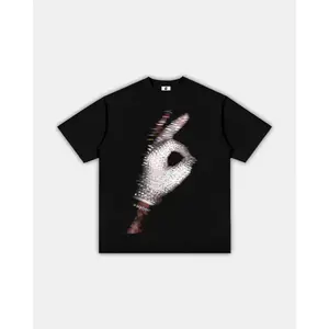 Premium 100% Cotton Y2K Retro Glitch Graphic Tee | Men's Heavyweight Sparkling Rhinestone Glove T-Shirt | Classic Avant-Garde Distressed Cyber Hand Crewneck Short Sleeve Shirt, Casual Black Top