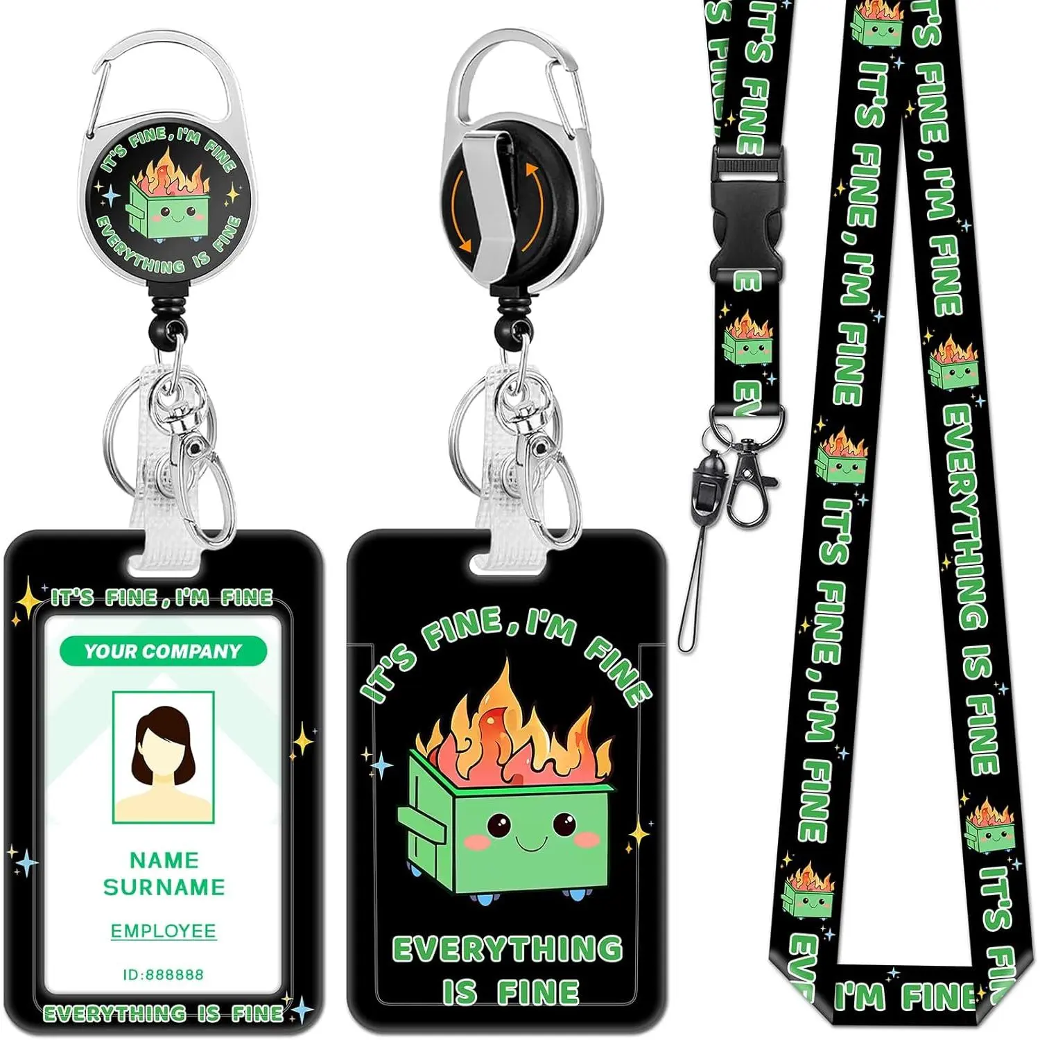Funny Artwork Dumpster on Fire Retractable ID Badge Holder - 19.3in Reel Clip, Lanyard, Carabiner, Synthetic Office ID Card Protector for Friends, Adults, Drivers - Office Stationery Supply