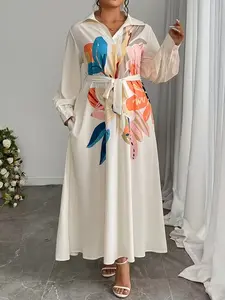 Plus Size Women's Elegant Floral Pattern Loose Fit Maxi Dress with Side Pockets for Spring Autumn Long Length Casual Outings