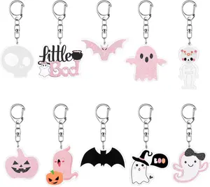 10 Pcs Pink Halloween Keychain Bulk, Halloween Pumpkin Ghost Keychains Bulk for Boys Girls Wallets Backpack Accessories Halloween Party Favors Gift