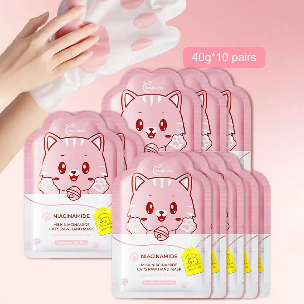 Milk Niacinamide Cat Paw Hand Mask, 10 Pairs Pack Moisturizing Nourishing Hydrating Soft Hand Mask for Dry Cracked Skin, Hand Care Product for Women & Men, Moisturizer Hydrate, Beauty Products