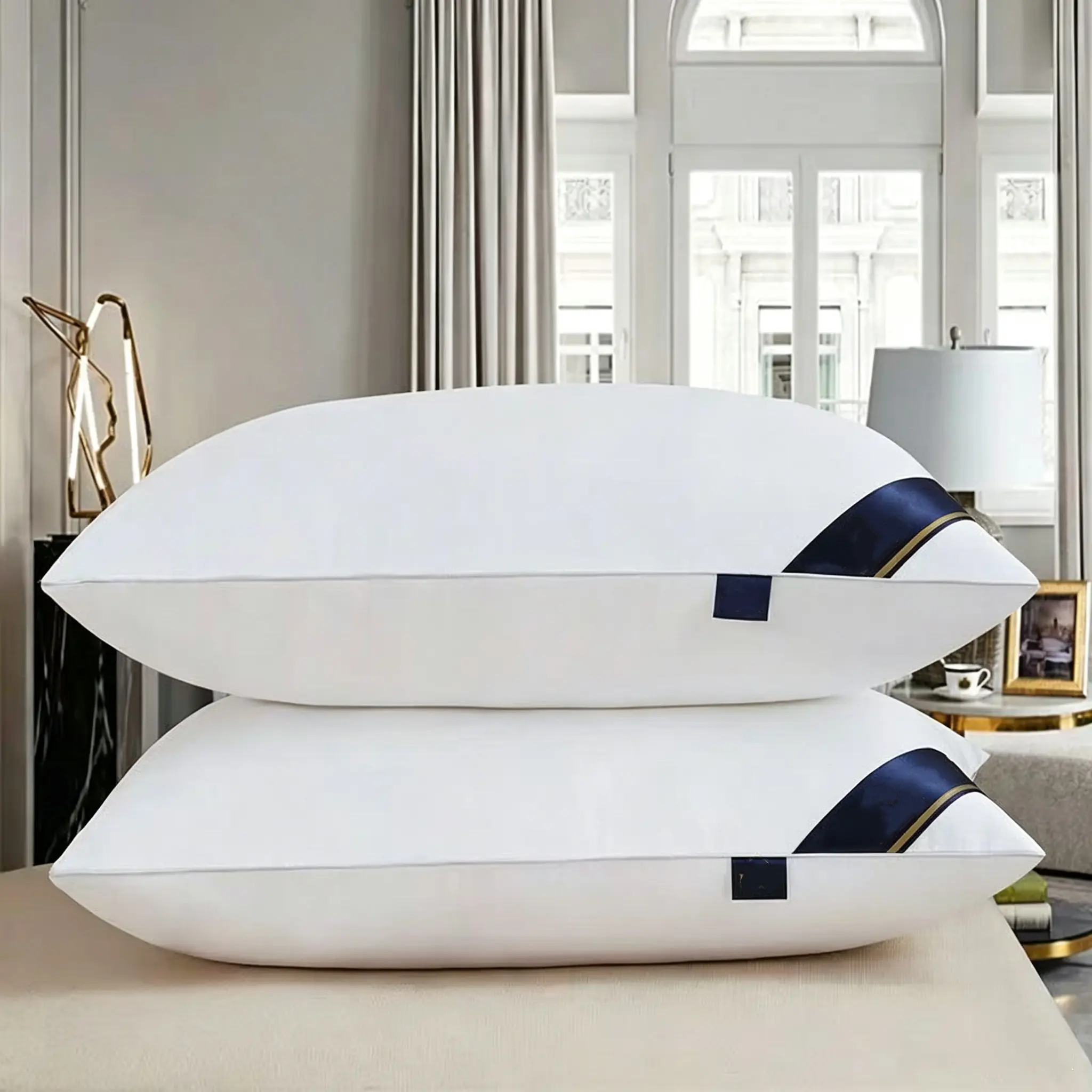 Luxurious White High Elastic Rebound Pillows (2 Sets), 1 Solid Color Set, Soft Comfortable Bedding Pillows for Adult Single Sleep in 5-Star Hotels & Bedrooms