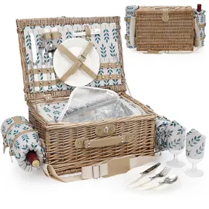 Picnic Basket for 2, Insulated Willow Picnic Baskets with Shoulder Strap, Picnic Hamper with Waterproof Picnic Blanket, Handmade Wicker Hamper for Outdoor Camping, Blue Leaf