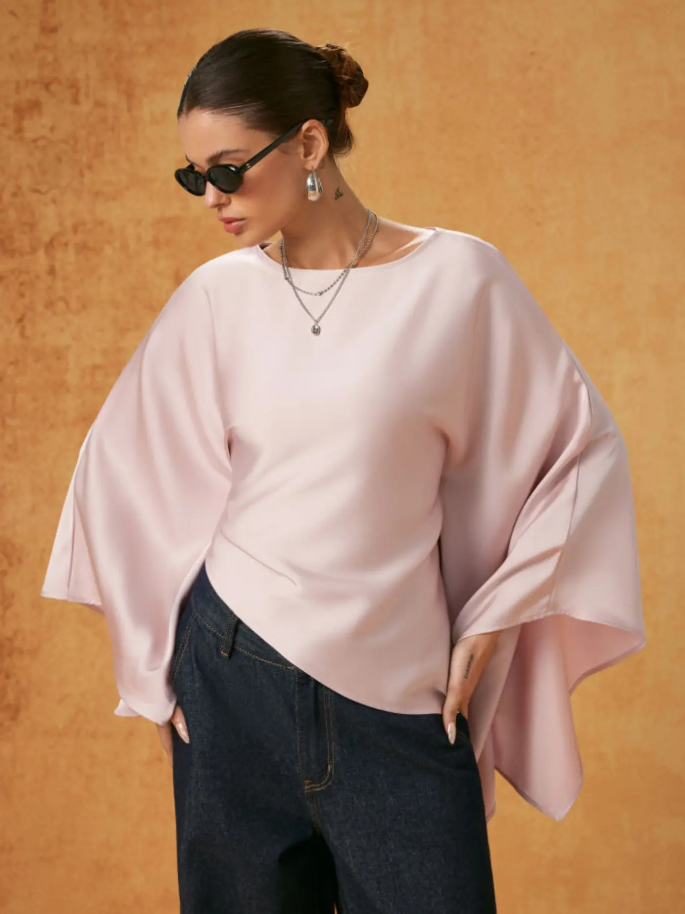 Women's Asymmetric Batwing Shirt, Blouse, Top, Back Tie Design, Oversized Long Sleeves, Casual Fashion, Loose-Fitting, Plain Pattern, Belted Style, Boho Cottagecore Blouse