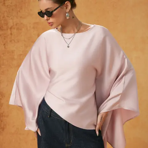 Women's Asymmetric Batwing Shirt, Blouse, Top, Back Tie Design, Oversized Long Sleeves, Casual Fashion, Loose-Fitting, Plain Pattern, Belted Style, Boho Cottagecore Blouse, Flowy Summer Tops