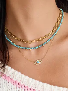 Ladies Necklace Set Stackable Blue Turquoise Devil s Eye Pendant Chain Stainless Steel 18k Gold Plated Waterproof And Anti Allergy Retro And Unique Artistic Handcrafted Jewelry